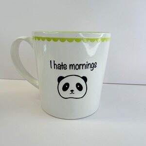 Panda "I hate mornings" Novelty Ceramic Mug White Green Scalloped Rim Hot Cold